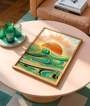 Sunrise over stylized ocean waves with gold accents