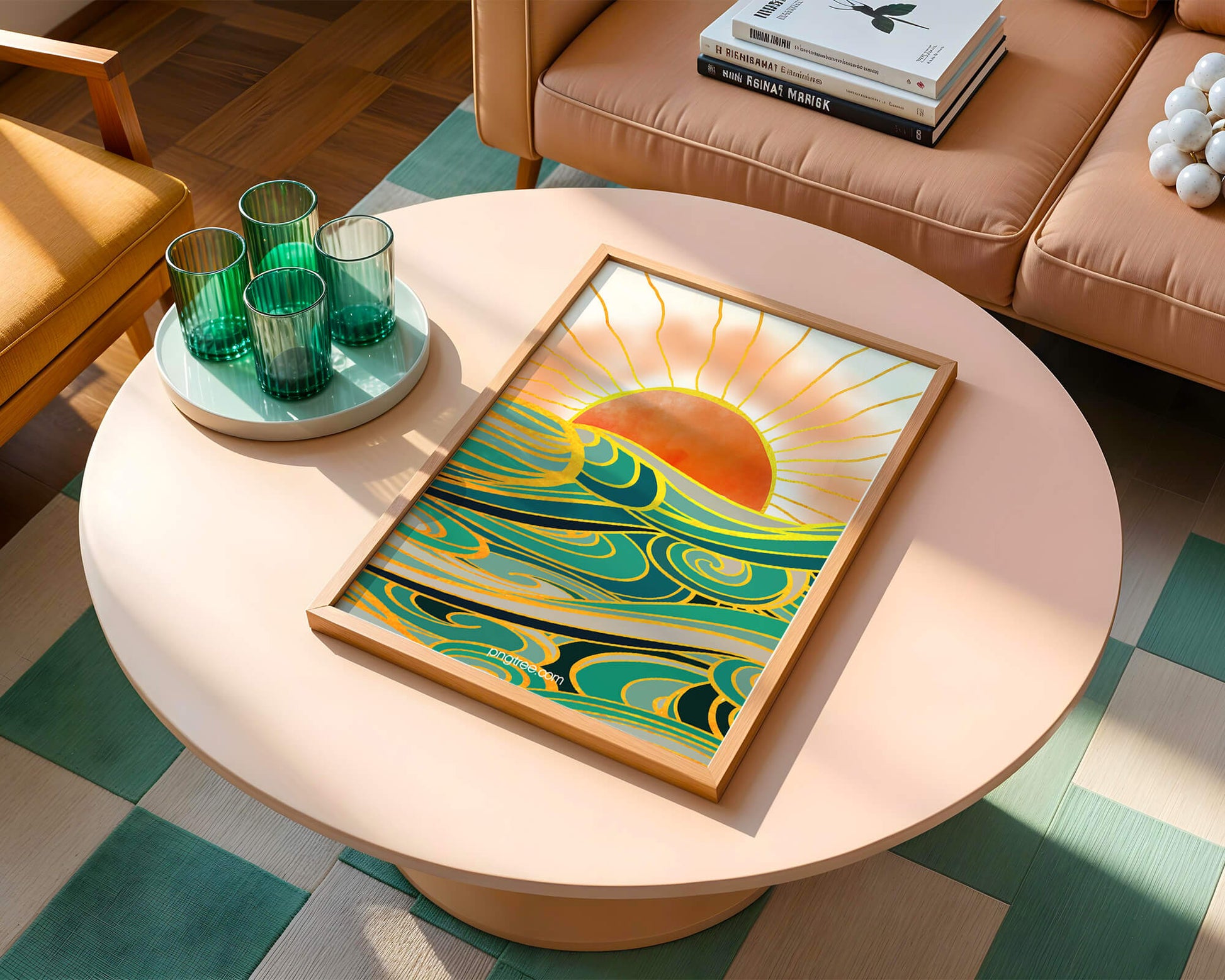Sunrise over stylized ocean waves with gold accents