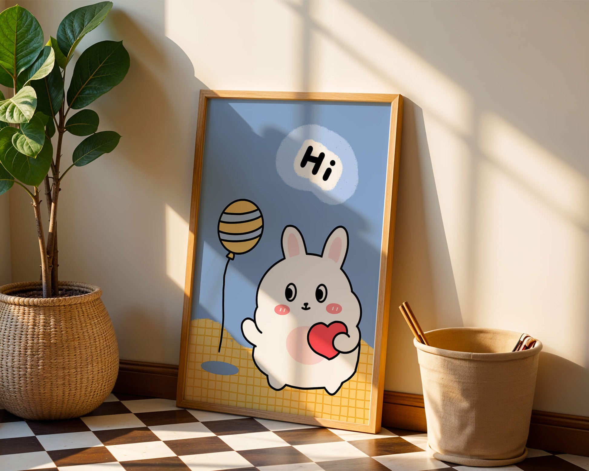 Adorable cartoon bunny with balloon and heart illustration