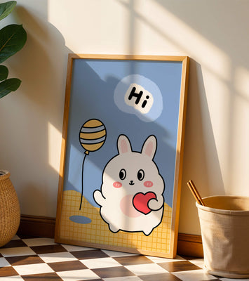 Adorable cartoon bunny with balloon and heart illustration