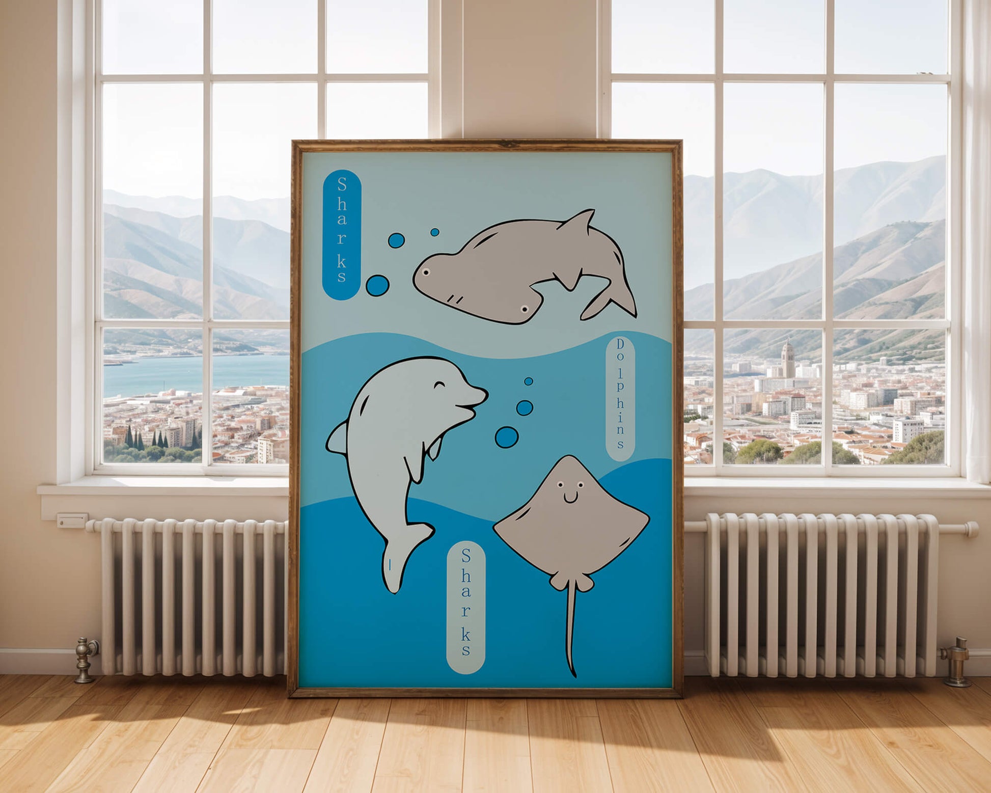 Cartoon sea animals illustration with shark, dolphin, and stingray