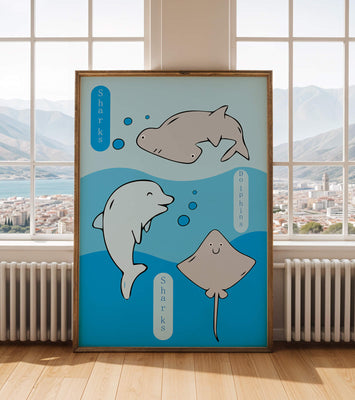 Cartoon sea animals illustration with shark, dolphin, and stingray