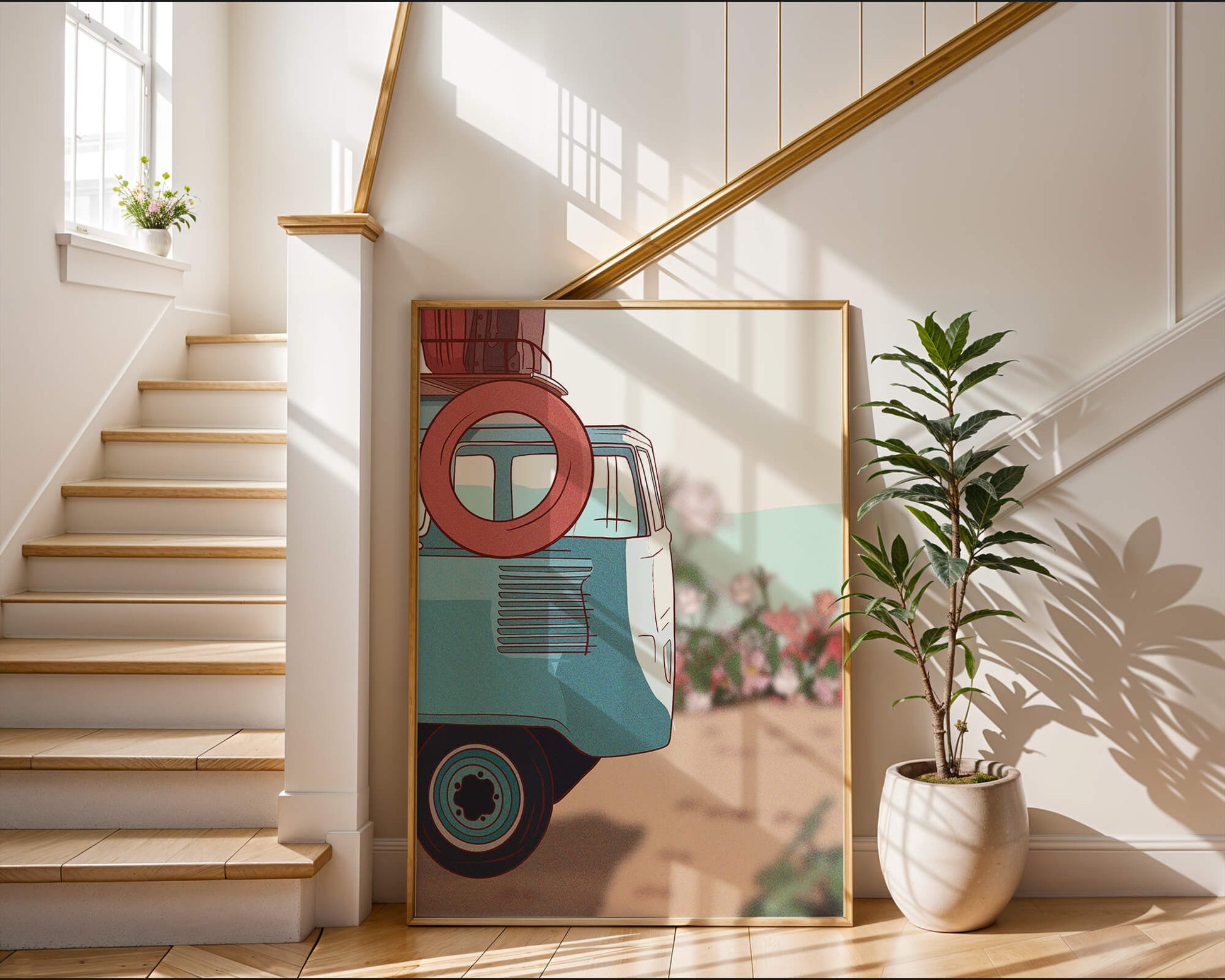 Viaje por carretera de verano en una furgoneta azul vintage