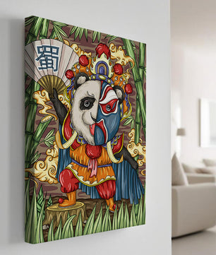Colorful panda dressed in traditional Chinese opera costume surrounded by bamboo