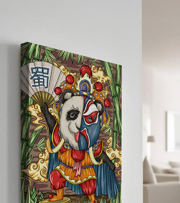 Colorful panda dressed in traditional Chinese opera costume surrounded by bamboo