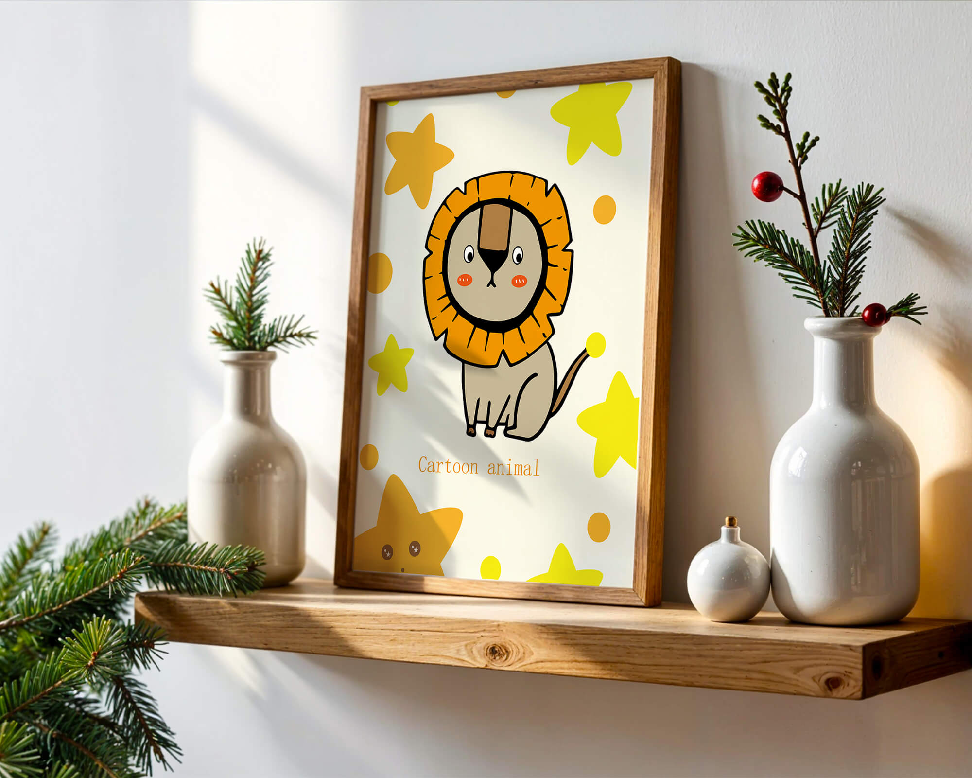 Cute cartoon lion illustration with stars for children's room