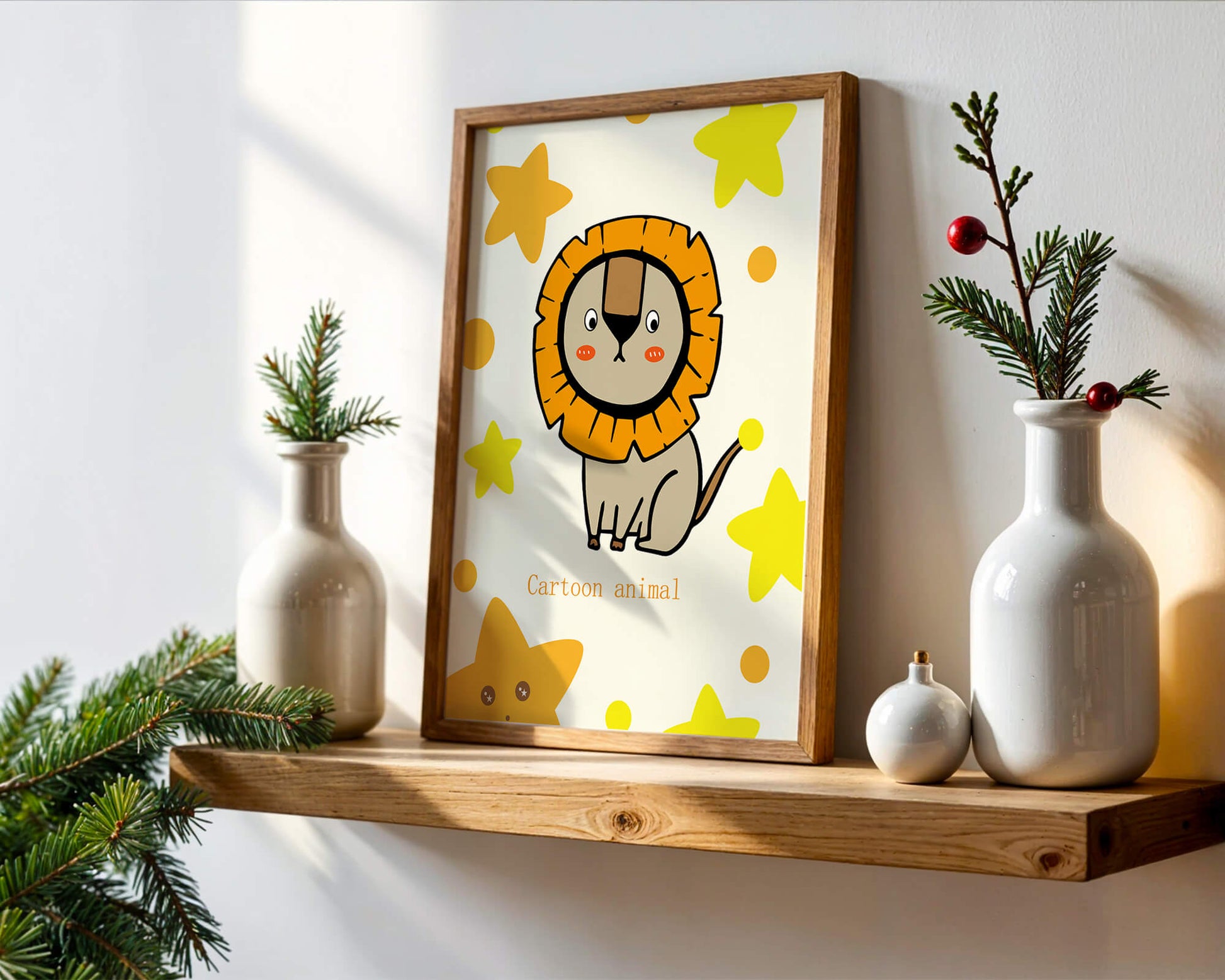 Cute cartoon lion illustration with stars for children's room