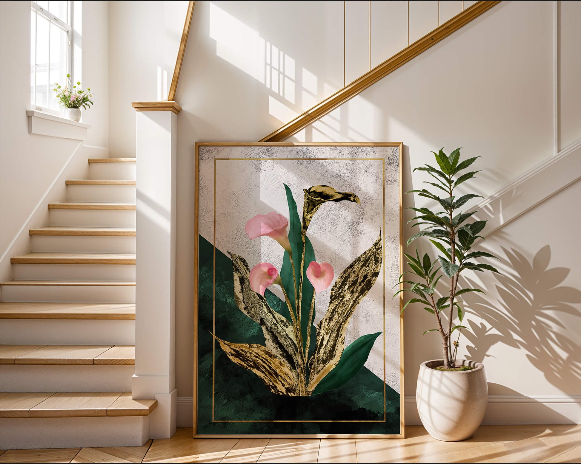 Abstrakte botanische Kunst mit rosa Calla-Lilien und goldenen Blättern