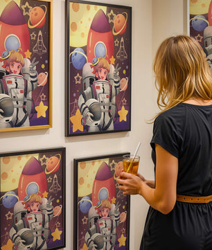 Ilustración de una chica astronauta con temática espacial