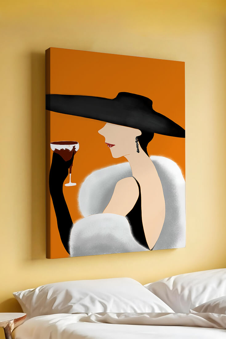Elegant Woman in Black Hat and White Fur with Wine Glass