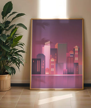 Modern Abstract Cityscape at Sunset with Reflective Water - Mi tienda