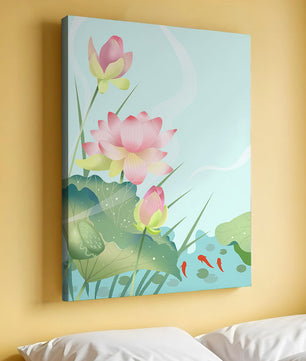 Loteo de flores de loto ilustrativas con hojas y peces koi en un estanque sereno