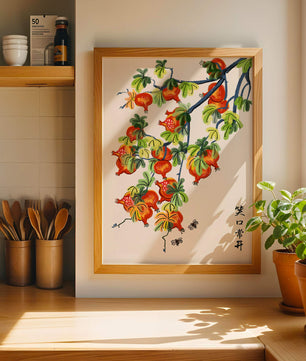 Artistic illustration of vibrant pomegranates on a branch with Asian aesthetic