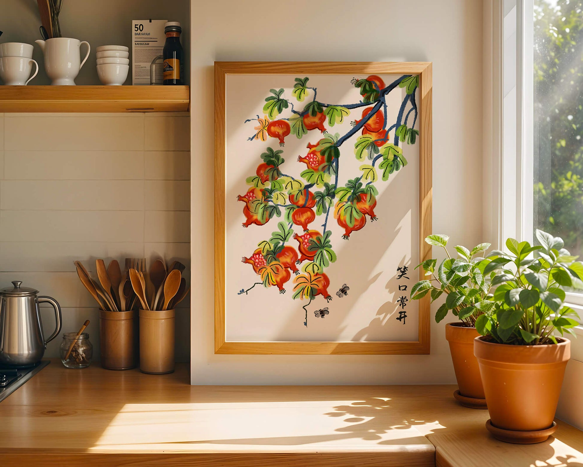 Artistic illustration of vibrant pomegranates on a branch with Asian aesthetic