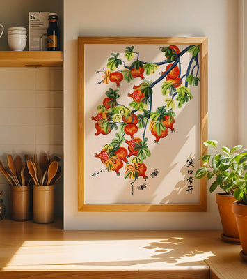 Artistic illustration of vibrant pomegranates on a branch with Asian aesthetic