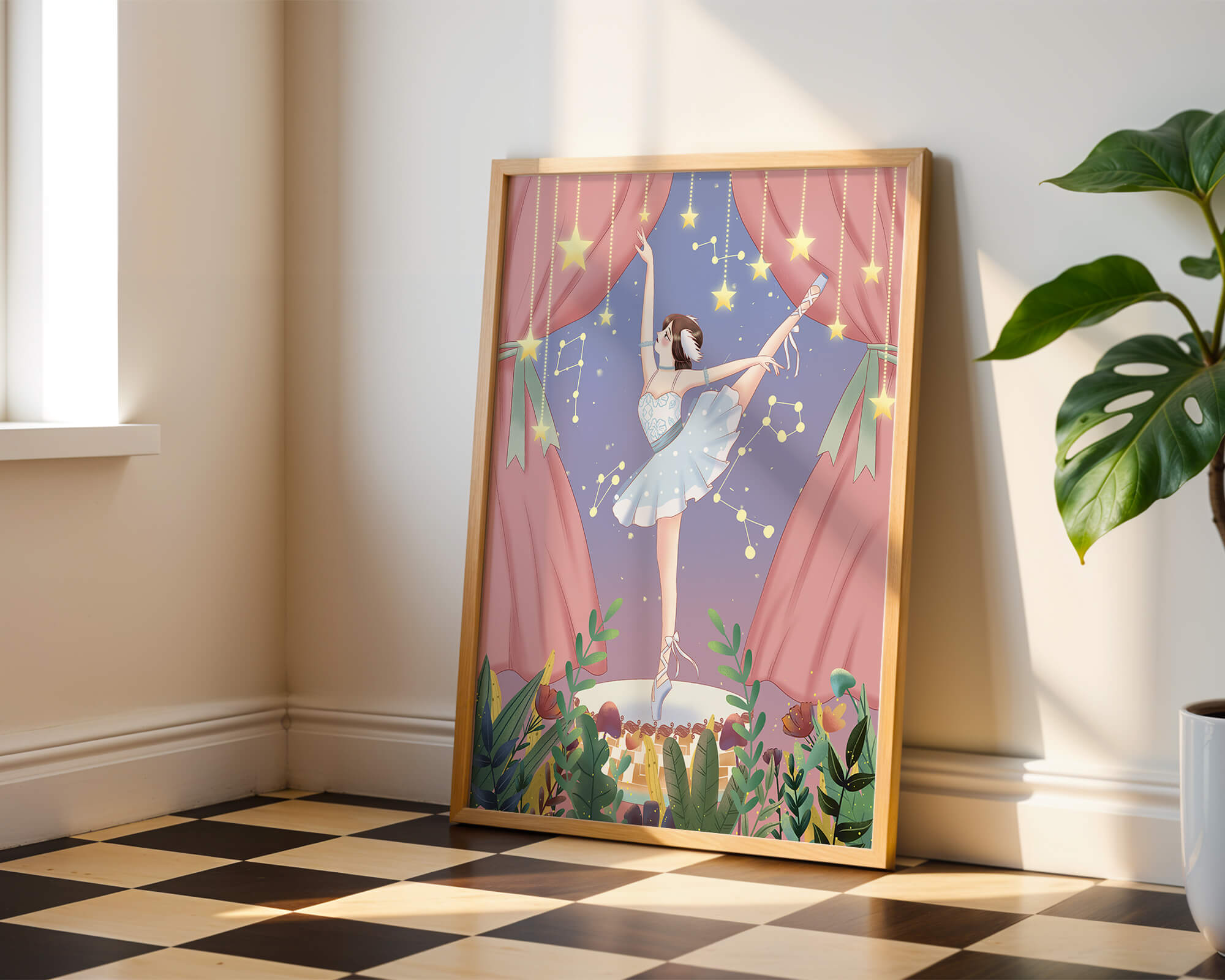 Graceful ballerina performing under starry sky on stage