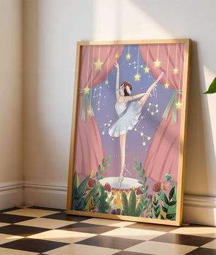 Graceful ballerina performing under starry sky on stage