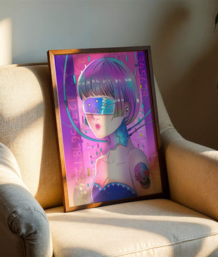 Chica cyberpunk futurista con colores neón y elementos de realidad virtual