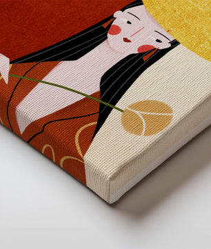 Elegant Woman with a Gold Hat and a Flower on a Red Background - Mi tienda