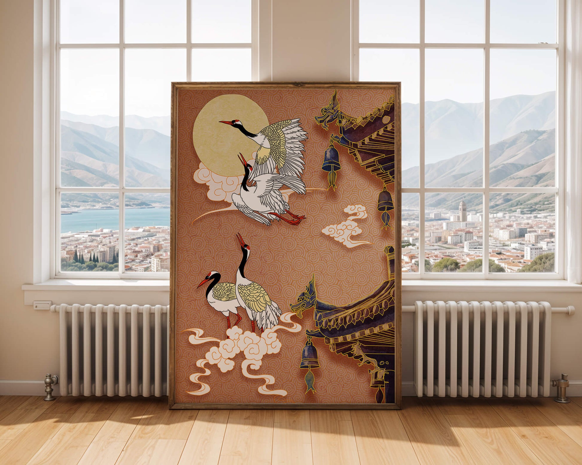 Oriental crane art with golden accents and architectural design