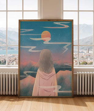 Ruhige Landschaft mit Silhouette, die den Sonnenuntergangshimmel und die Wolken betrachtet