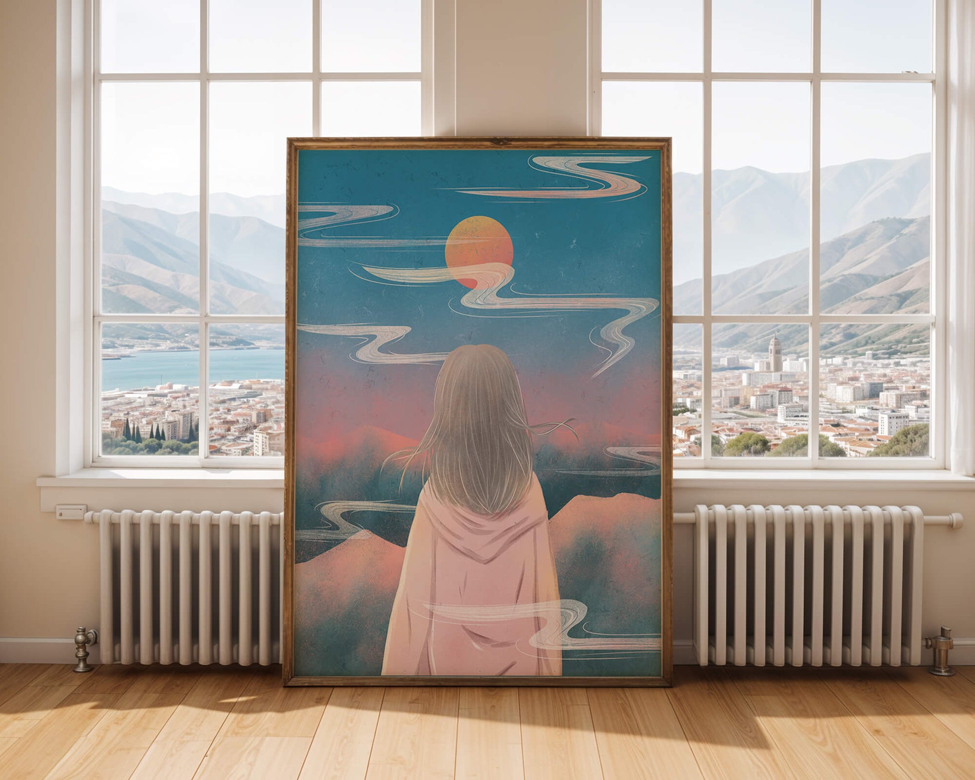 Ruhige Landschaft mit Silhouette, die den Sonnenuntergangshimmel und die Wolken betrachtet