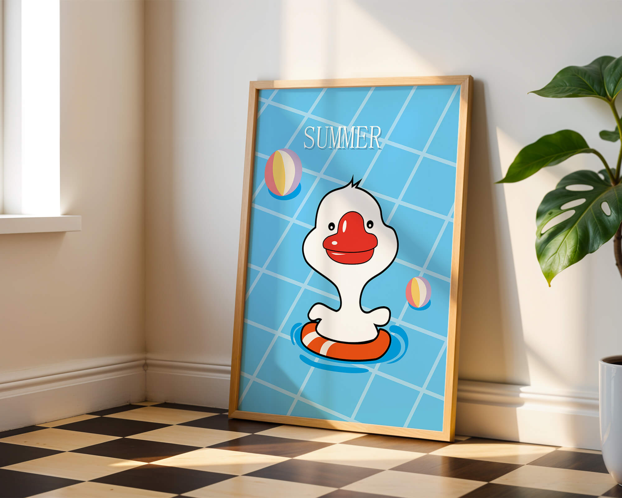 Cartoon duck swimming in a pool with summer beach elements