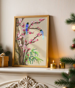 Illustration sereine d’oiseaux sur des branches en fleurs avec des feuilles de bambou