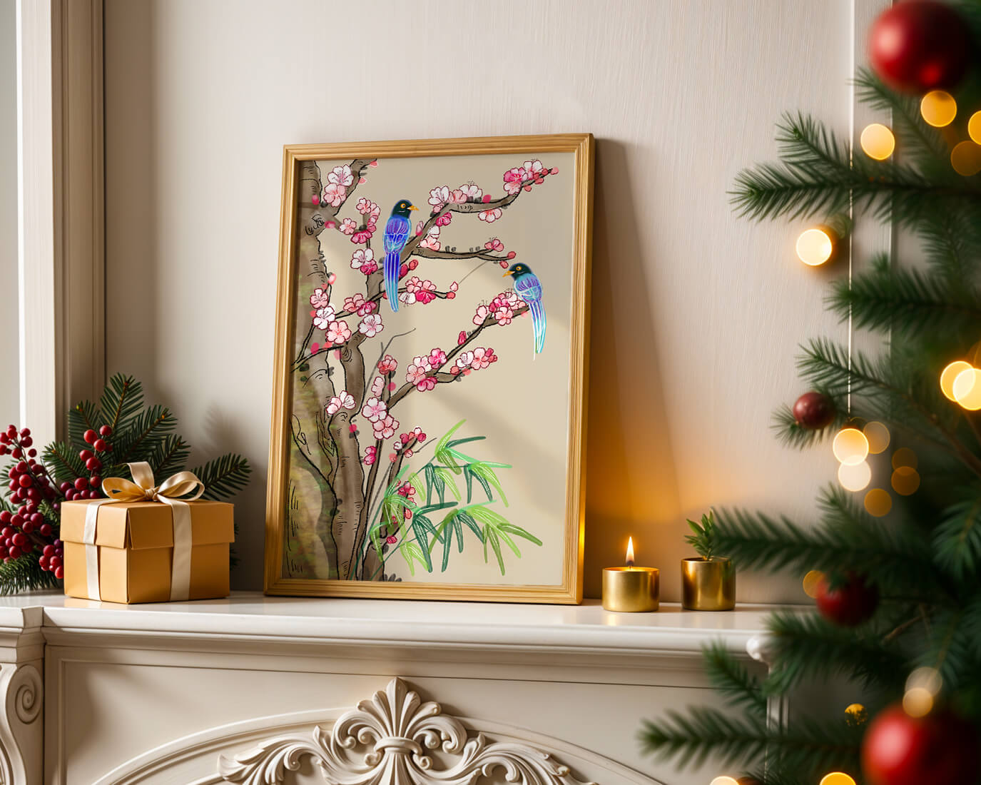 Illustration sereine d’oiseaux sur des branches en fleurs avec des feuilles de bambou
