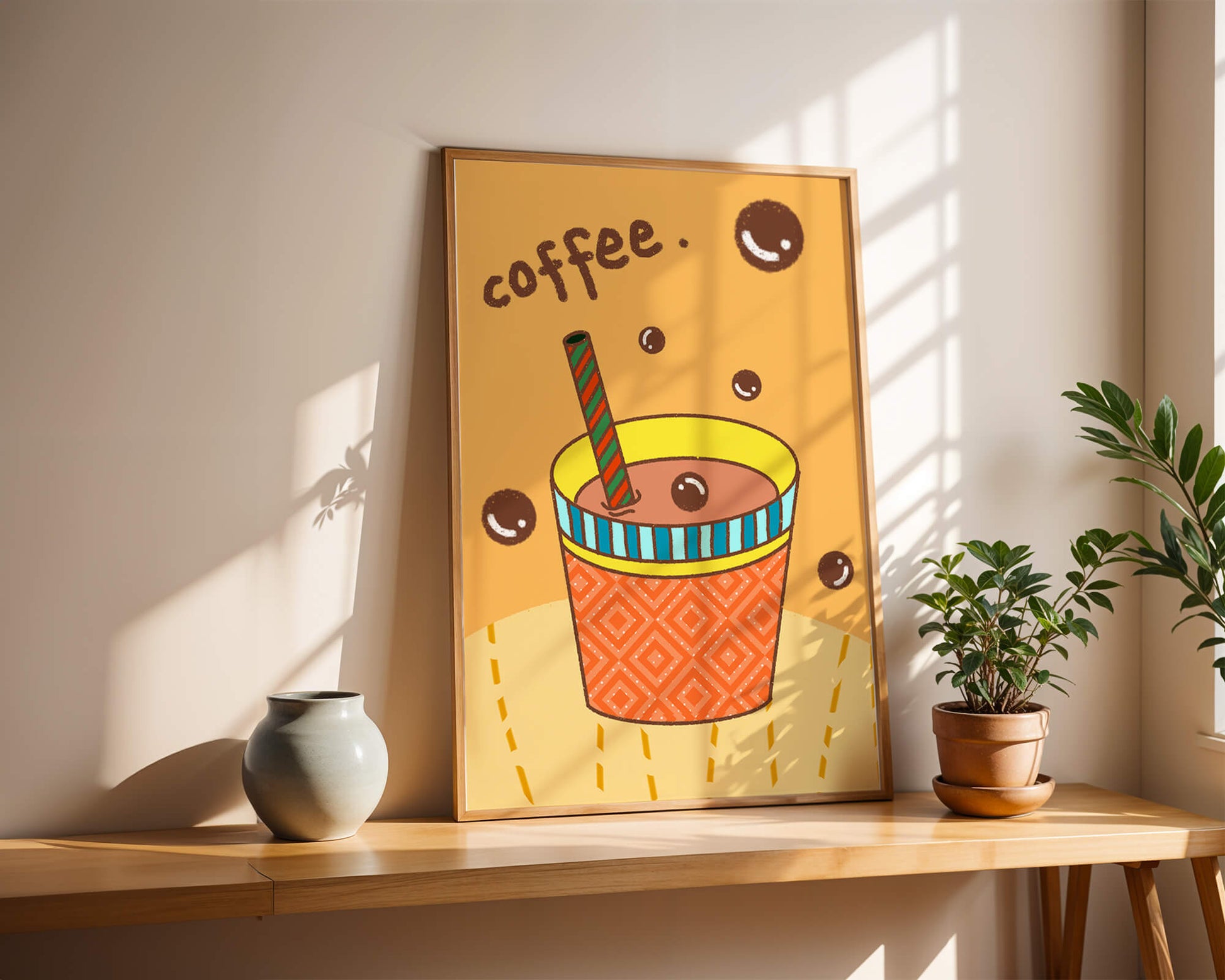 Colorful coffee cup illustration with bubbles and straw