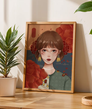 Digital art of a girl with floral and lantern elements