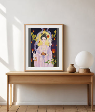 Mid-Autumn Festival Illustration with Moon Goddess and Rabbits