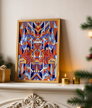 Arte tribal geométrico con colores vibrantes y patrones simétricos