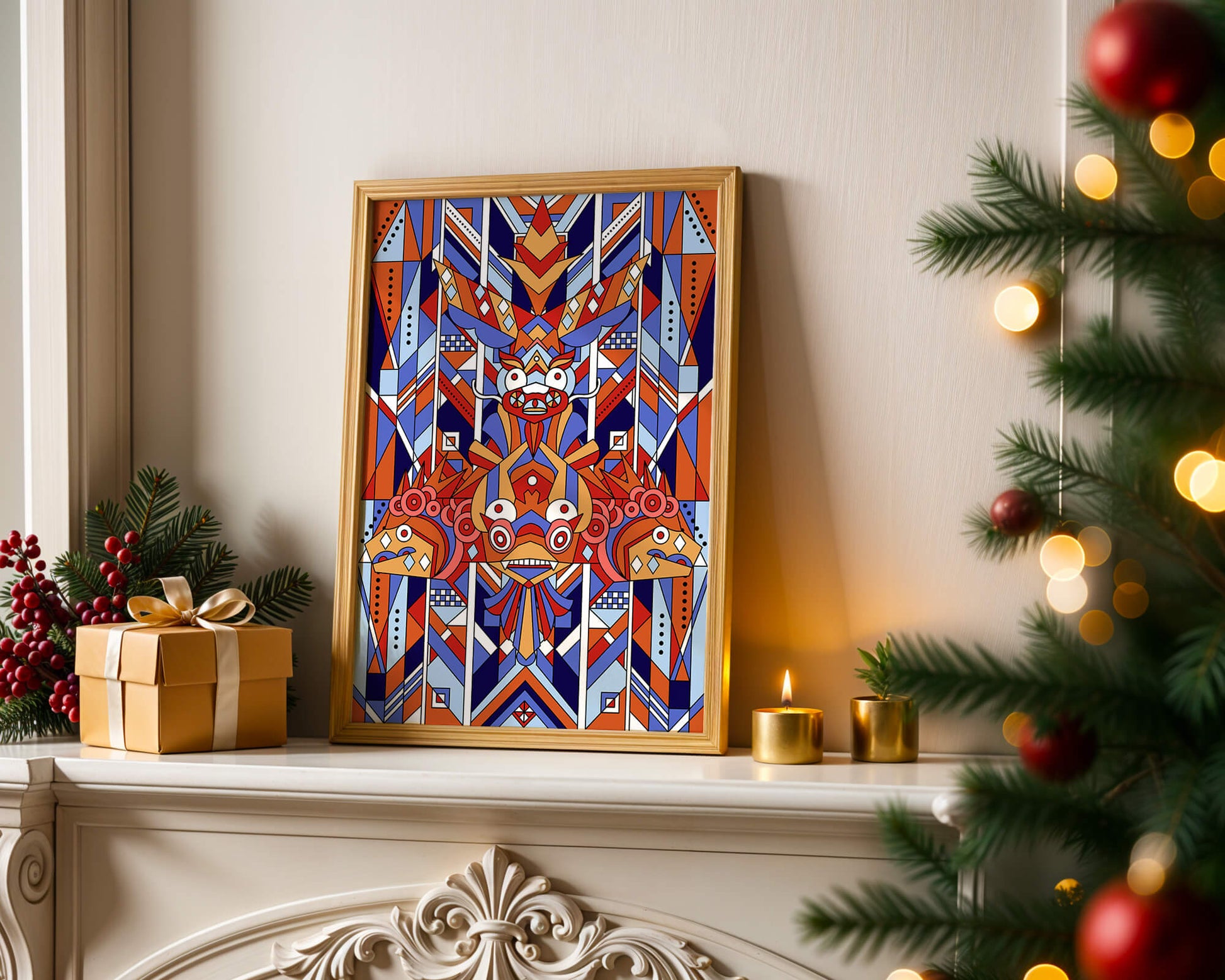 Arte tribal geométrico con colores vibrantes y patrones simétricos