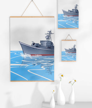 Illustrative depiction of a warship sailing on calm waters