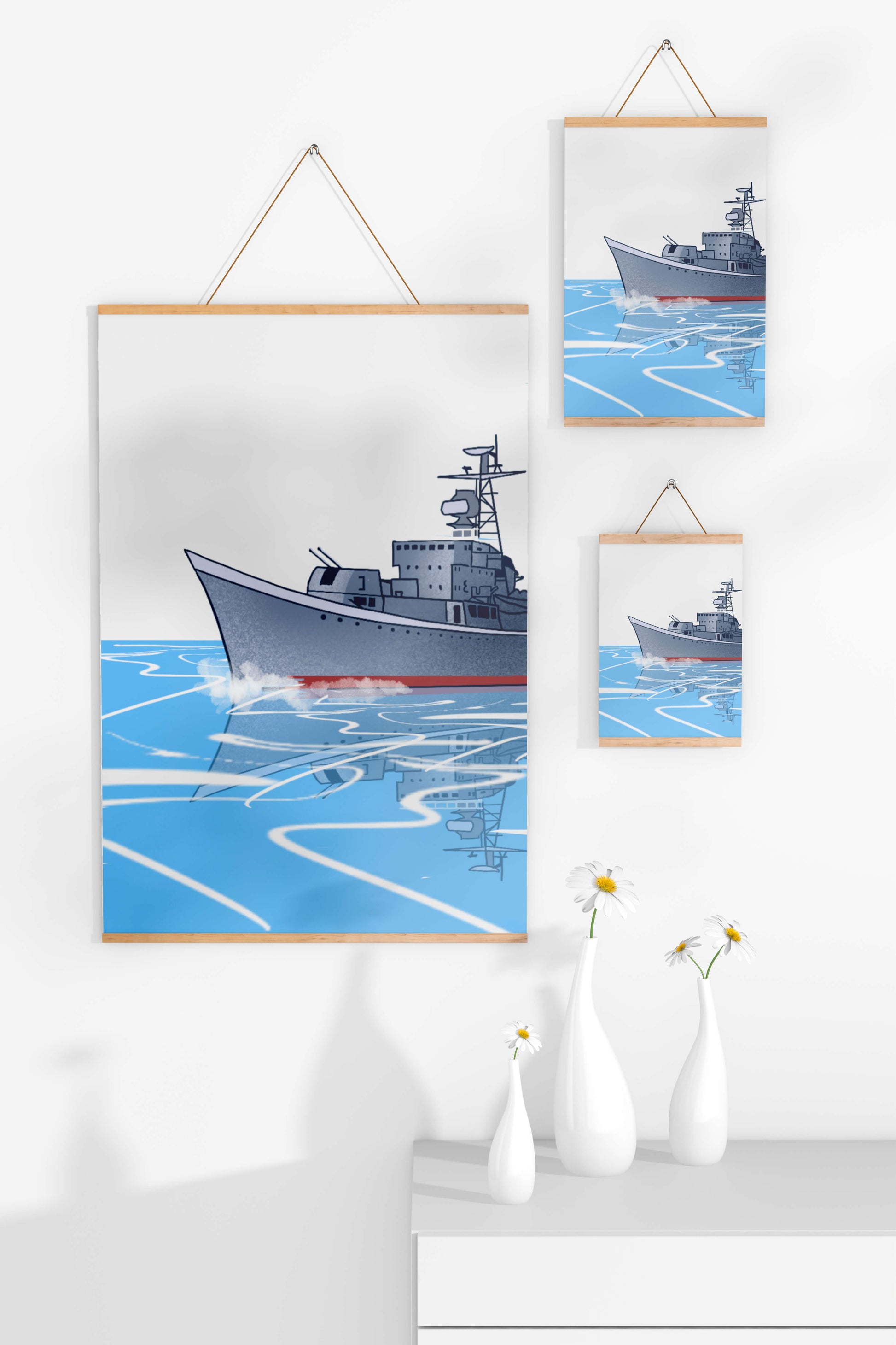 Illustrative depiction of a warship sailing on calm waters