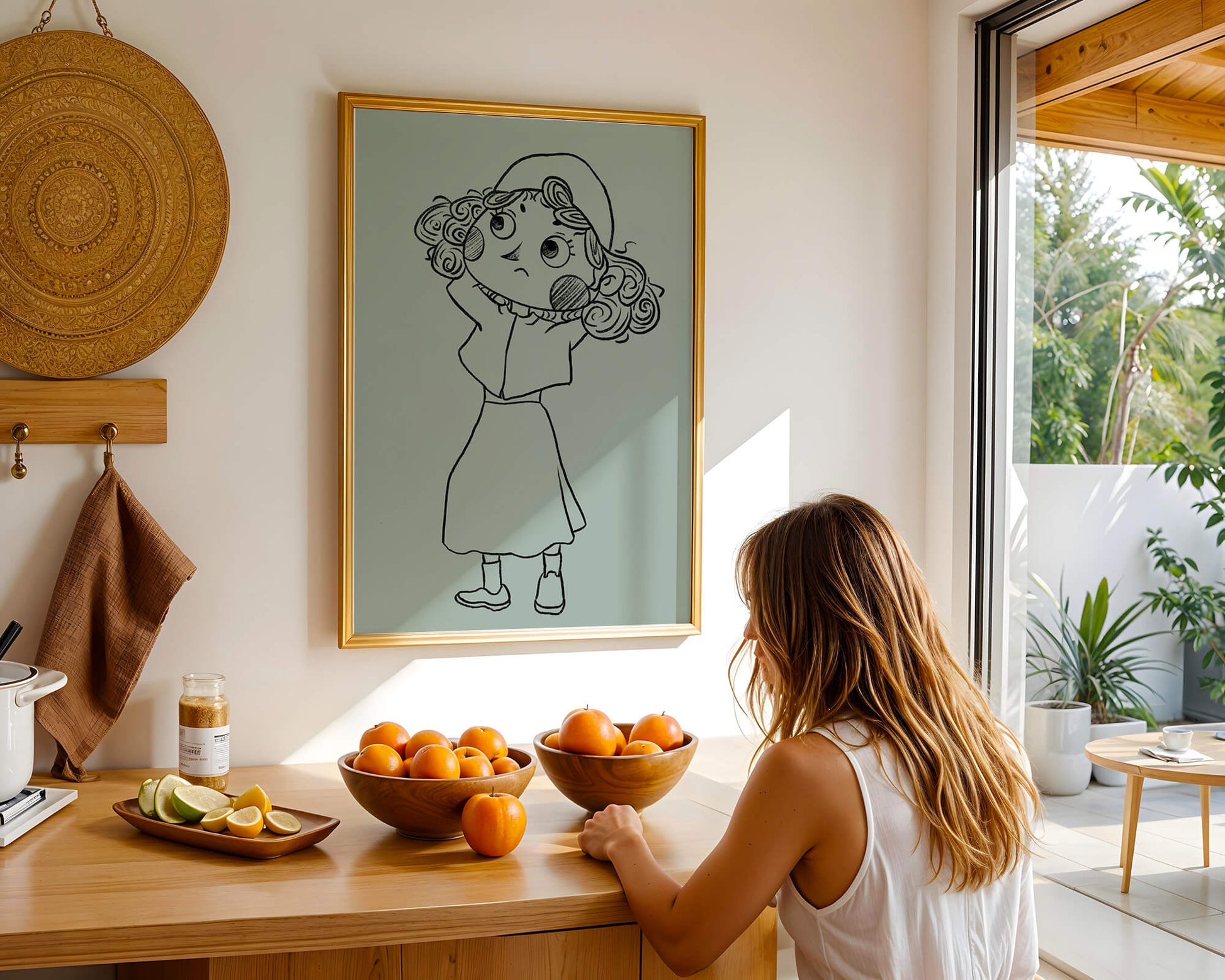 Ilustración a mano de un personaje de dibujos animados pensativo con cabello rizado y gorro