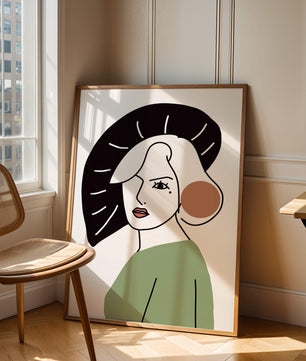 Minimalist Abstract Portrait Featuring Woman with Black Hat and Green Outfit - Mi tienda
