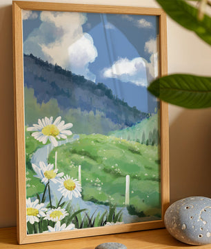 Meadow with Daisies Under Bright Blue Sky