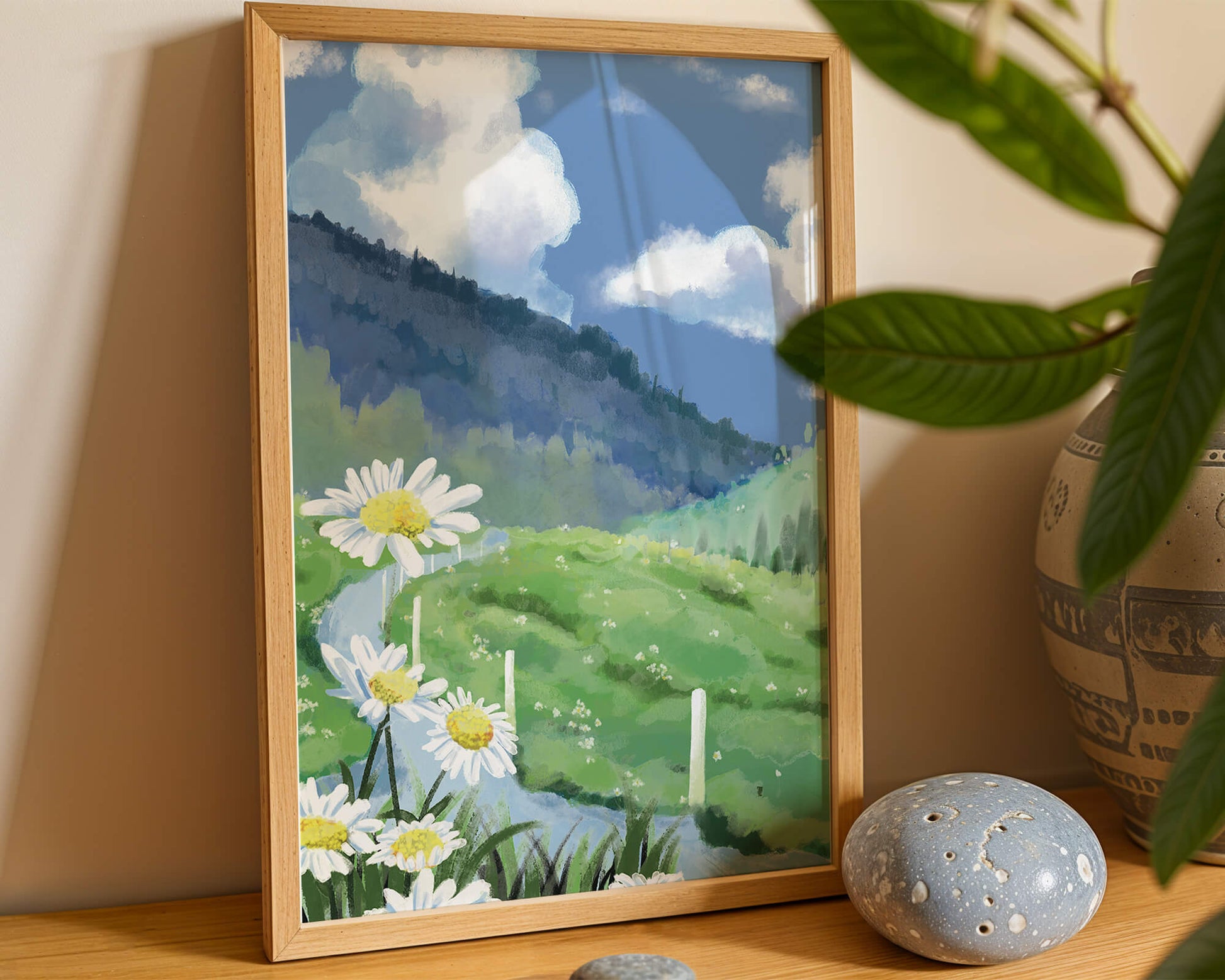 Meadow with Daisies Under Bright Blue Sky