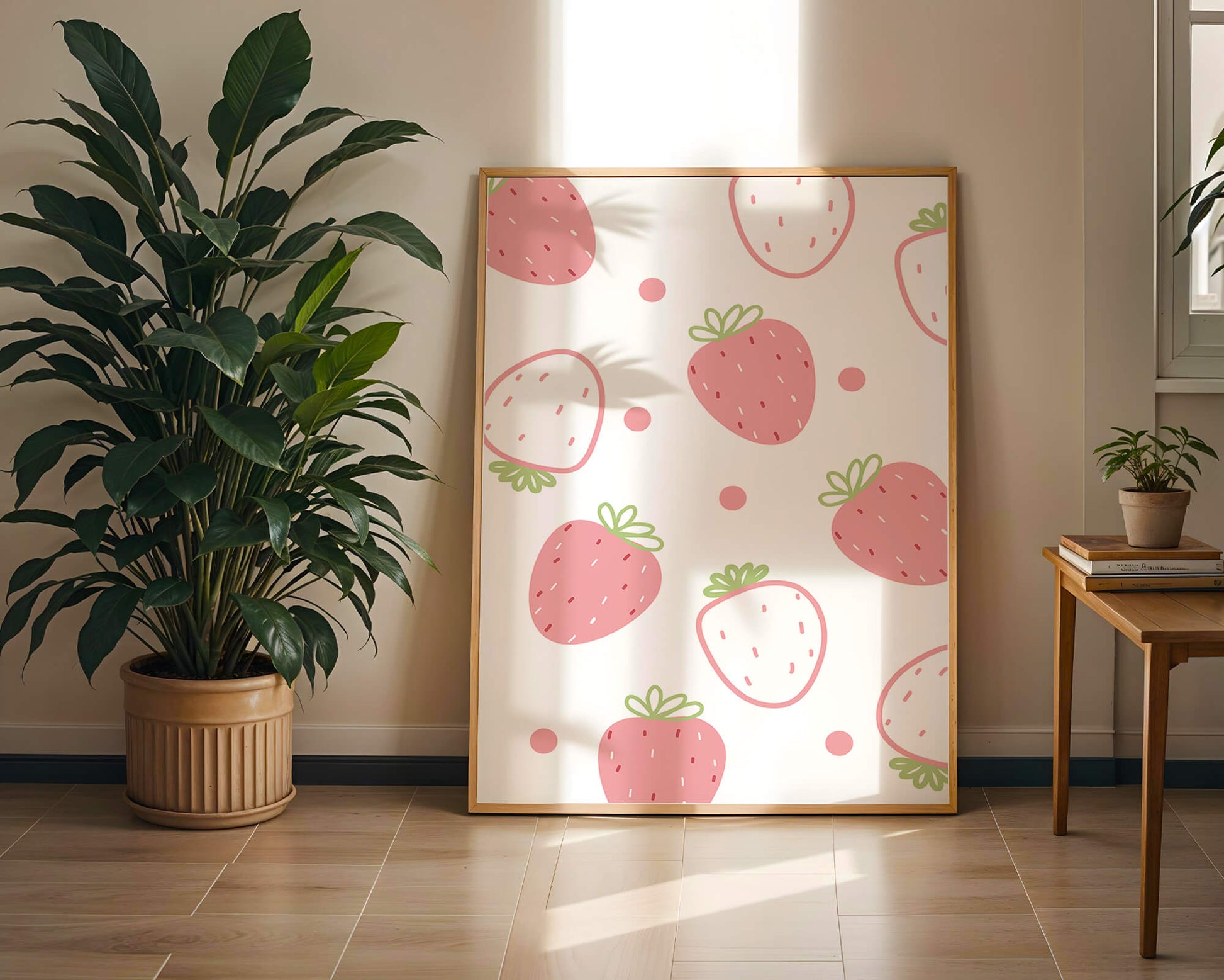 Playful strawberry pattern with pink and white design