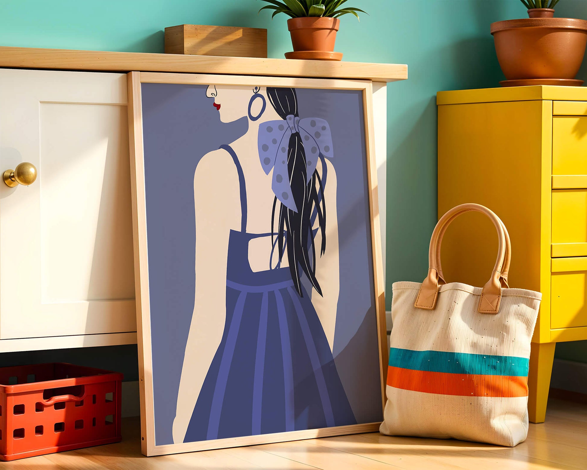 Stilvolle Illustration einer Frau mit gepunkteter Schleife und blauem Kleid