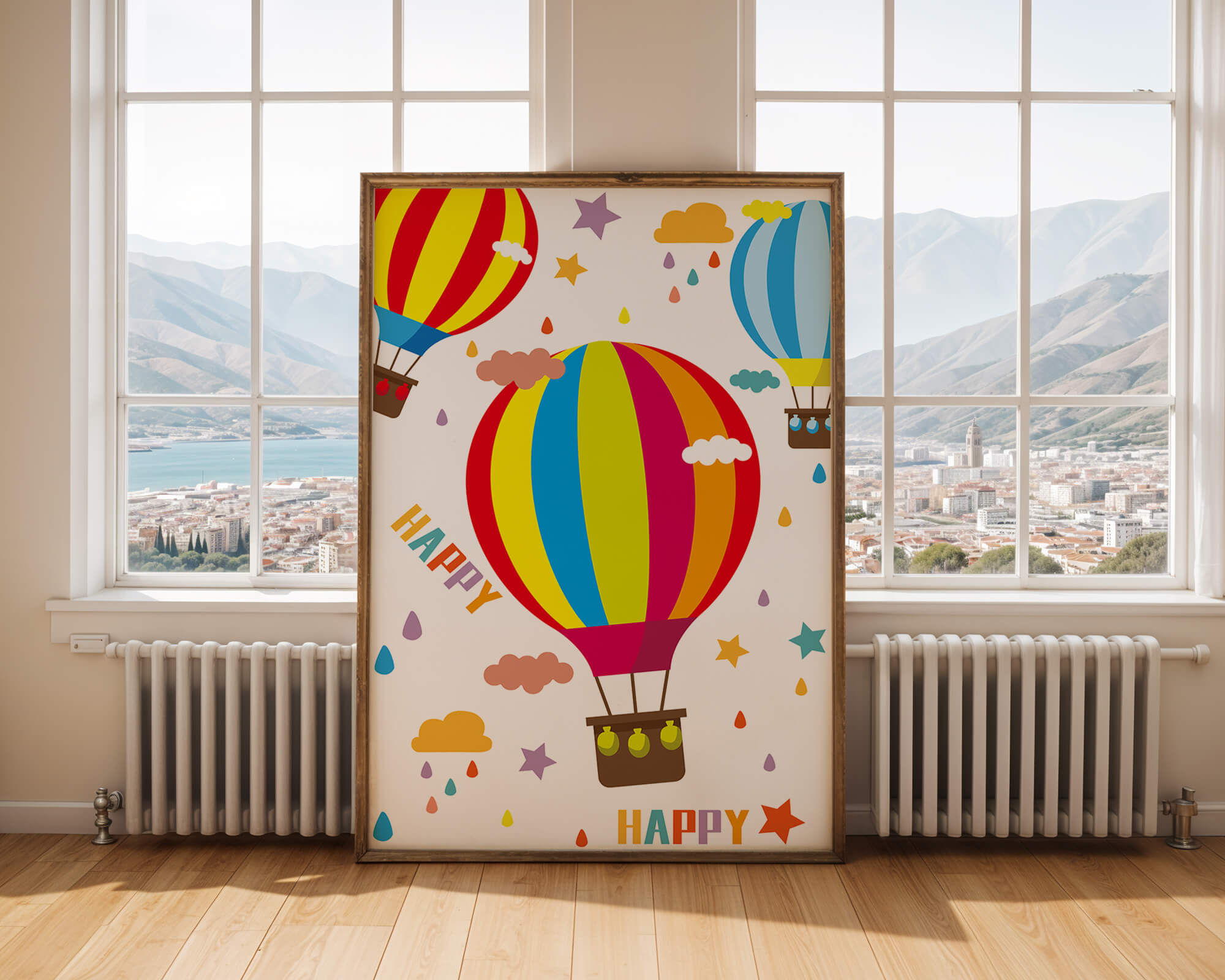Colorful hot air balloons and happy clouds illustration