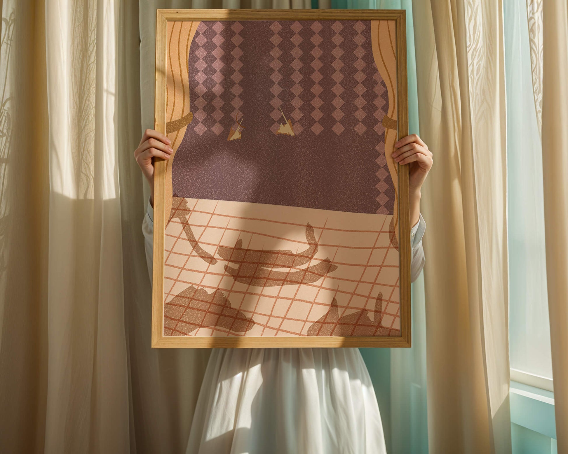 Abstract Interior with Cats' Shadows on Checkered Floor