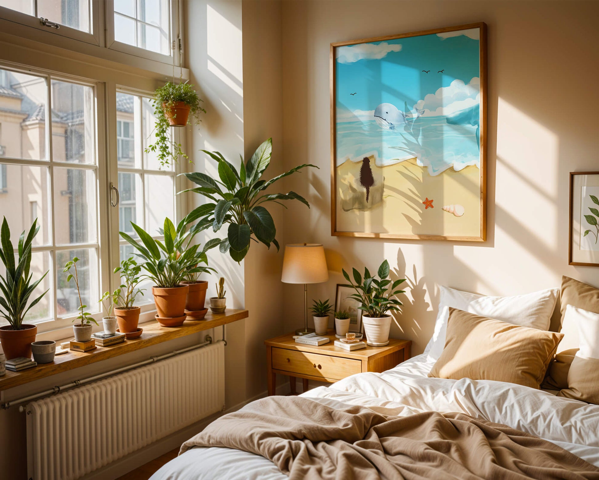 Vista al océano con ballena y elementos de playa