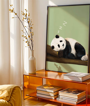 Peaceful panda resting on a log in a serene setting