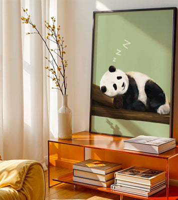 Peaceful panda resting on a log in a serene setting