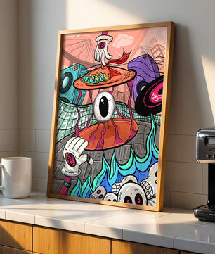 Ilustración abstracta surrealista colorida con un ojo vívido y elementos surrealistas