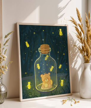 Charming teddy bear in a jar with glowing fireflies