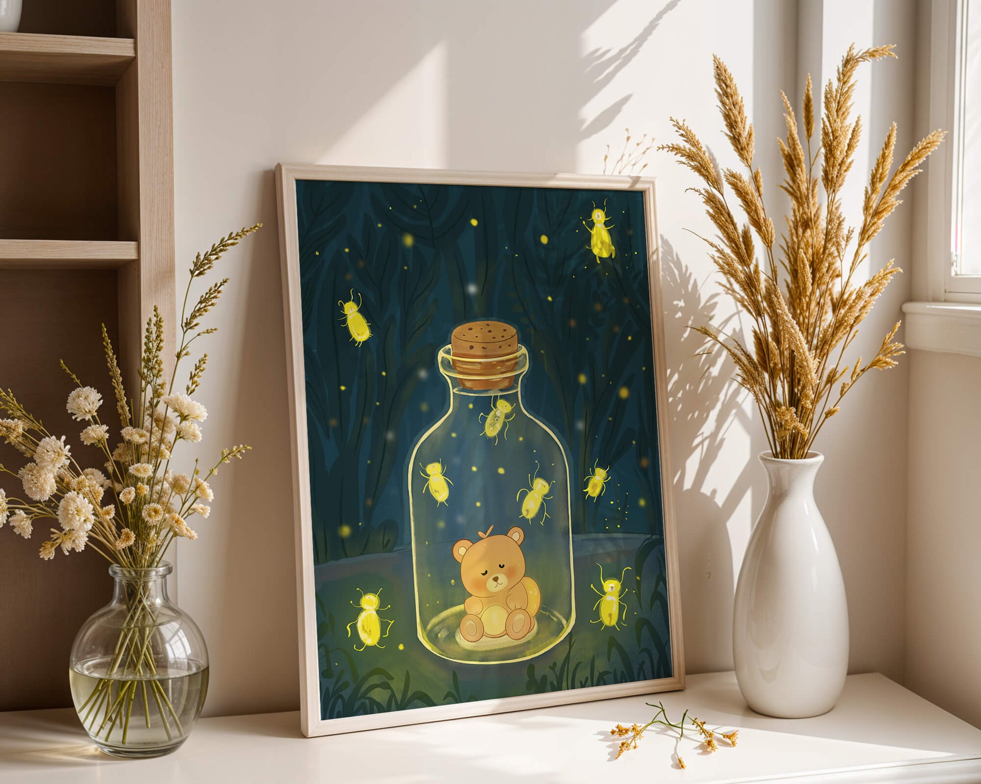 Charming teddy bear in a jar with glowing fireflies